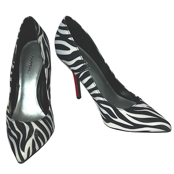 X-Appeal pointy toe zebra print fabric red stilleto 4" heel pump Sz 7 - Picture 1 of 11